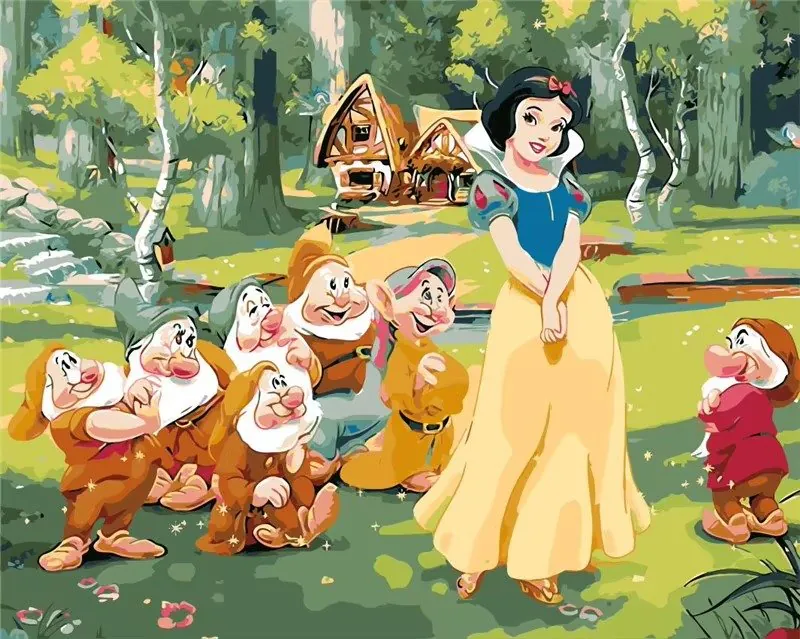 Snow White with the seven dwarfs in a forest