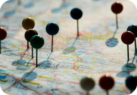 Pins marking different locations on a map